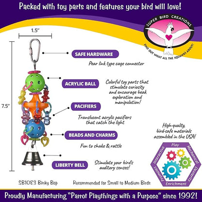 Super Bird Creations SB1083 Binky Bop Bird Toy - Engaging Enrichment Toy for Parrotlets, Parakeets, Cockatiels Toys, Small Plastic Bird Toys with Charms, Ideal for Medium Bird Size, 7.5" x 1.5"