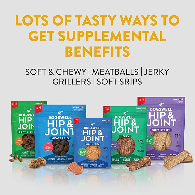DOGSWELL Jerky Hip and Joint Dog Treats Grain Free Made in USA Only, Glucosamine and Chondroitin, 10 oz Duck (842194)