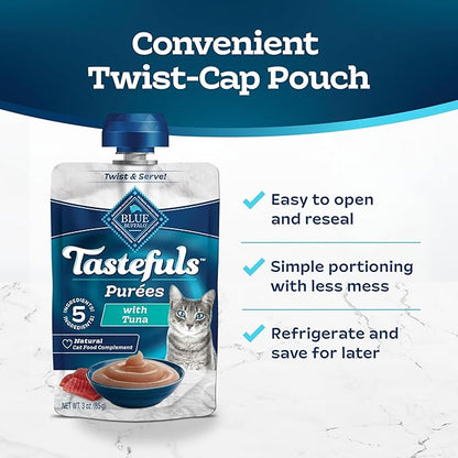 Blue Buffalo Tastefuls Purées with Tuna, Natural Cat Food Complement, Resealable Twist Cap Pouches, 3-oz (12 Count)