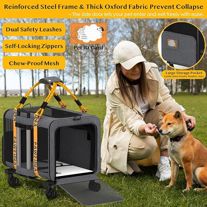 PAWZIDEA Expandable Pet Carrier with Wheels, 24x16x16in Large Cat Carrier for 2 Cats, Soft-Sided Dog Carriers for Small Medium Dog, Collapsible Rolling Travel Bag w/Telescopic Handle, Shoulder Straps