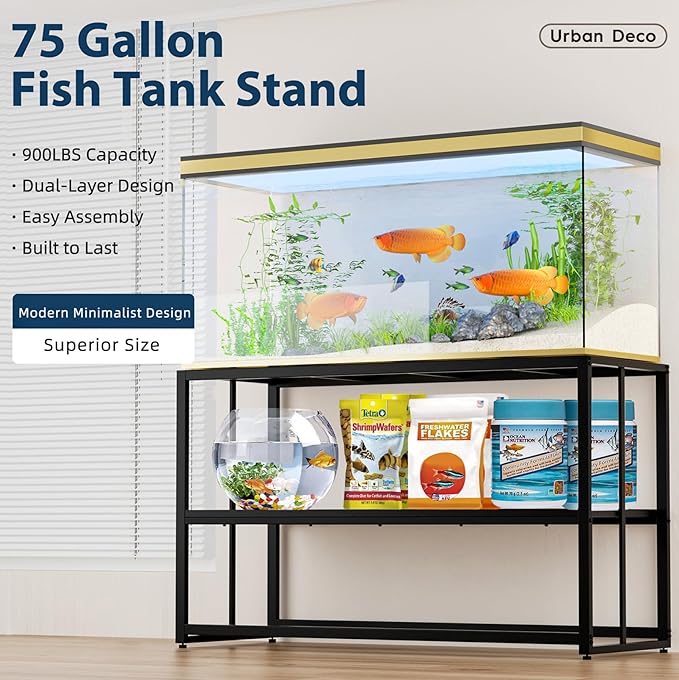 Urban Deco 55-75 Gallon Fish Tank Stand 900LBS Capacity For Aquarium Stand Metal Fish Tank Stand 48.4"x19.7"x31.5" Dual-Layer Design Terrarium Stand Ideal for Home and Office
