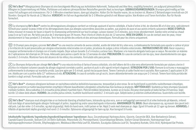 Vet's Best Allergy Relief Dog Shampoo – Oatmeal and Aloe Formula for Itchy Skin and Seasonal Allergies – Soothing Anti-Itch Shampoo for Dogs with Dry, Sensitive Skin – 16 oz