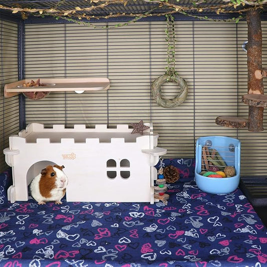 Castle Chinchilla House - Small Animal Hideout for Chinchilla Guinea Pig Hedgehog, or Rat - Ventilated Wooden Guinea Pig Hut Habitat with Multiple Doors (Large)
