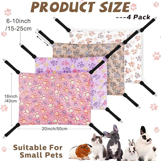 Geelin 4 Pcs Cat Hammock for Cage Hanging Soft Pet Hammock Bed with Adjustable Straps and Metal Hooks Double Sided Bed for Large & Small Cats Ferret Rat Sugar Glider Puppy(Paw,16 x 20 Inch)