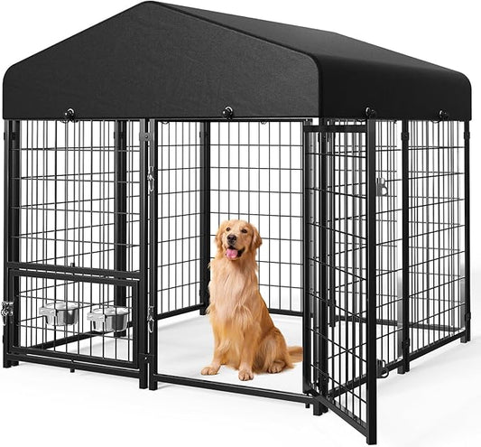 Sino Luban Outdoor Dog Kennel Outside Run with Doggy Door, Swivel Feeder&Roof - 5x5x5FT Large Dog Kennels Pens Outside for Medium/Large Dogs - Heavy Duty Cage Yard (Can Connect to Your Dog House)