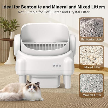 Self Cleaning Litter Box,Open Top Automatic Litter Box with App Control for Multiple Cats, Safety Sensors Protection, Odor Control Includes 2 roll Liners,Large Waste Bin, Cream White