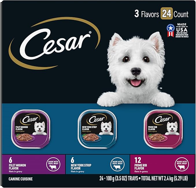 Cesar Filets in Gravy Adult Wet Dog Food, Filet Mignon, New York Strip and Prime Rib Flavors Multipack, 3.5 oz. (24 Count, Pack of 1)