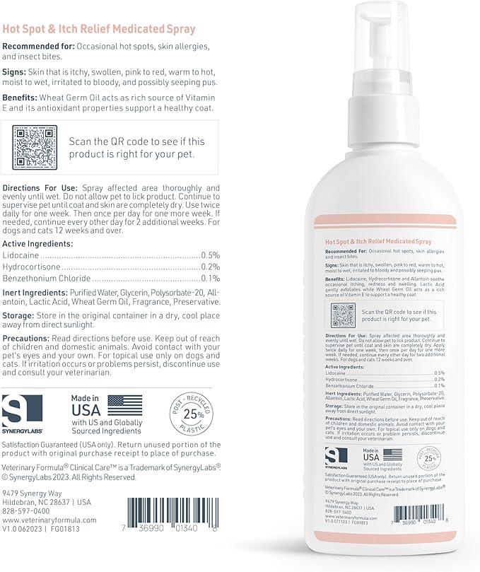 Veterinary Formula Clinical Care Hot Spot & Itch Relief Medicated Spray, 8oz – Easy to Use Spray for Dogs & Cats – Helps Alleviate Sensitive Skin, Scratching, and Licking of Coat (1 Pack)