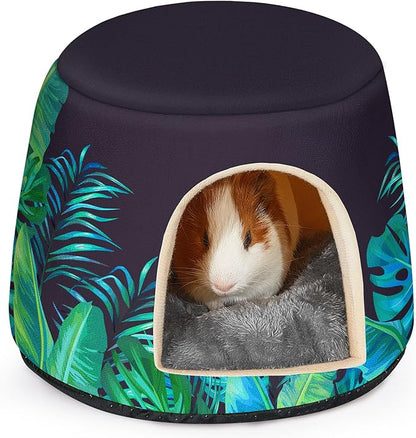 Glittme Guinea Pig Hideout,2 in 1 Guinea Pig Bed with Removable Pad, Washable Bunny Bed,Rabbit,Leaves