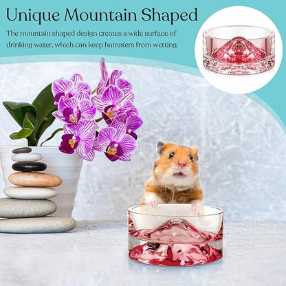 Baderke 2 Pcs Hamster Water Bowls Glass Hamster Food Bowls 35ml Mountain Style Drinking Container Anti Turning for Guinea Pig Gerbils Mice Rats Chinchilla Small Pets(Clear and Pink)