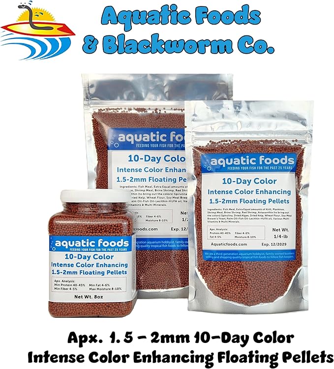 Aquatic Foods Inc. Ultra Intense Color Enhancing with a 10-Day Color Change, 1.5mm - 2mm Floating Pellets for Cichlids, Discus, All Baby and Small Tropical Fish & Pond Fish...1/4-lb Bag