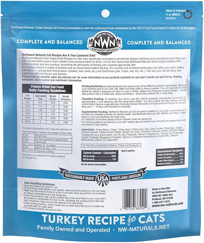 Northwest Naturals Freeze-Dried Turkey Cat & Kitten Food – Bite-Sized Nibbles – Healthy, Limited, Human-Grade Ingredients, All-Natural, High-Protein Raw Diet – Complete & Balanced – 11 oz (Pack of 3)
