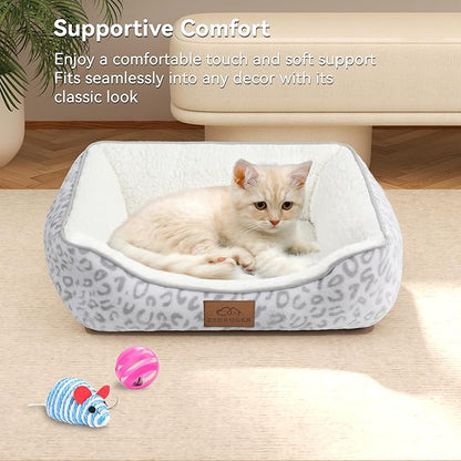 Rectangle Cat Dog Bed for Large Medium Small Pets Indoor Outdoor Machine Washable Sleeping Sofa Non-Slip Bottom Soft Puppy Bed Durable Orthopedic Calming Pet Cuddler (Small, White Leopard)