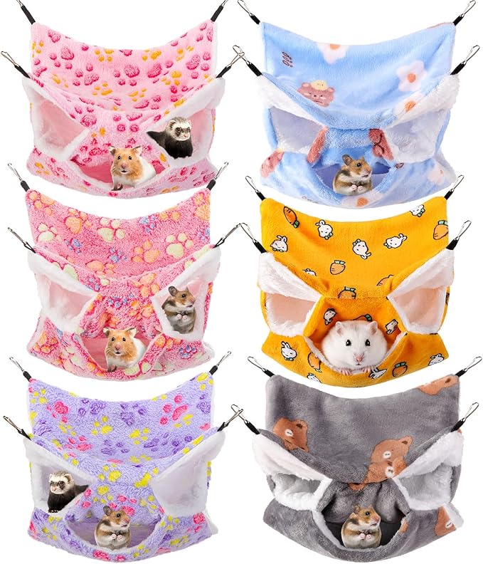 Sadnyy 6 Pieces Guinea Pig Rat Hammock Three Layer Ferret Bed Small Animal Hanging Pet Cage Hammock for Chinchilla Rat Sugar Glider Squirrel Reptiles(Trendy Pattern)