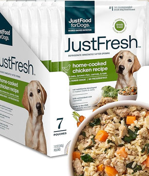 JustFoodForDogs JustFresh Home-Cooked Chicken Dog Food with No Preservatives, Resealable Packaging, Human Grade Wet Dog Food, 12 oz - 7 Pack