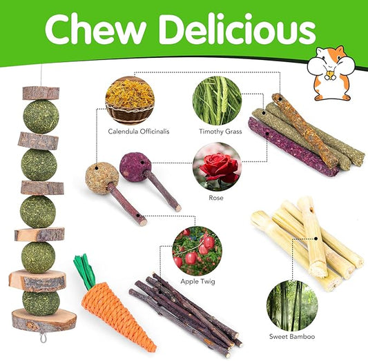 VESPRO Bunny Teys for Rabbits Hamster/Guinea Pig Toys Natural Timothy Hay Sticks chew Treats and Balls for Rabbit, Bunny, chinehila, Guirea Pig, Hamster, Bunny Teeth Care