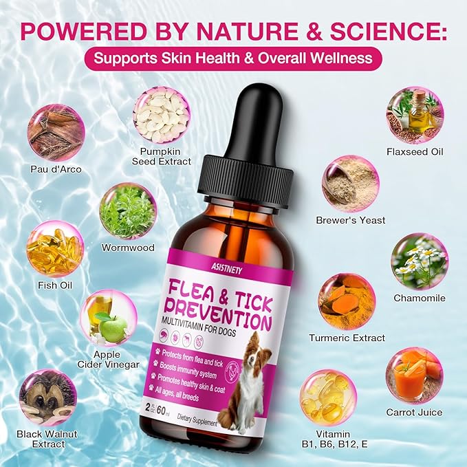 Flea & Tick Support for Dogs, Natural Dog Flea Liquid Drops, Flea & Tick Supplement with Vitamins & Fish Oil for Dogs