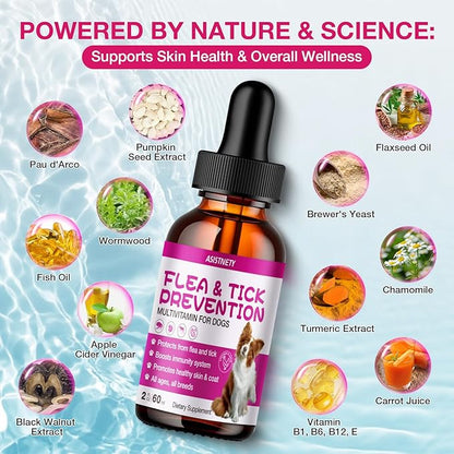 Flea & Tick Support for Dogs, Natural Dog Flea Liquid Drops, Flea & Tick Supplement with Vitamins & Fish Oil for Dogs