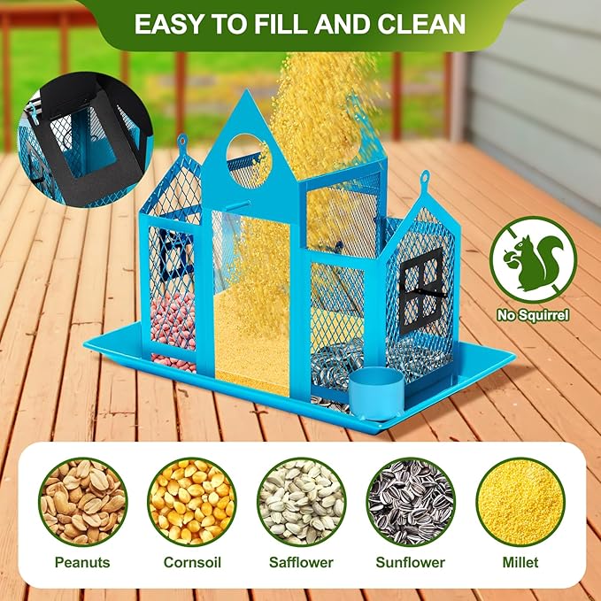 Solar Bird Feeders House for Outdoors Hanging, 7LBS Large Capacity Metal Wild Bird Feeder Squirrel Proof for Outside with Water Cup, Cardinal Birdfeeder Birdhouses Gift for Bird Lovers (Blue)