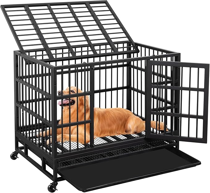 JY QAQA 48/38 Inch Heavy Duty Indestructible Dog Crate Double Doors Escape Proof Cage Kennel,Enhanced Metal Pet Cage,Extra Large Crate Indoor for Large Dog with Removable Tray and Lockable Wheels