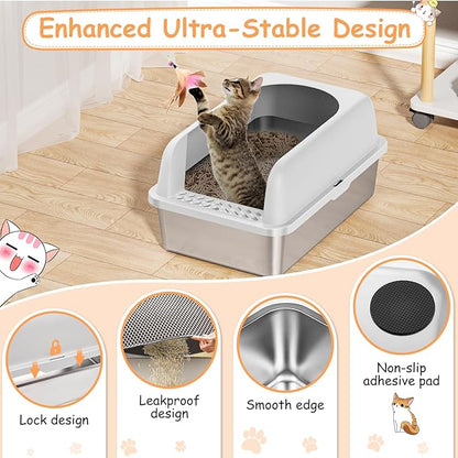 2 Pack Stainless Steel Litter Box witn High Sides, Extra Large cat Litter Box with Lid, Metal Litter Boxes for Multiple Cats, Anti-Leakage,Non-Stick, Easy to Clean, Included Cat Litter Mat, Scoop