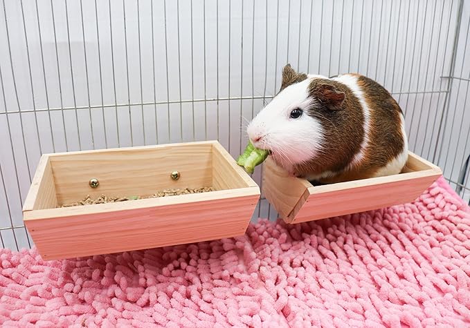 2 Pcs Guinea Pig Feeder Box, Wooden Small Animal Food Feeder, Hanging Rabbit Food Bowl, Small Animal Cage Accessories, Suitable for Rabbit Bunny Chinchilla Guinea Pig Hamster