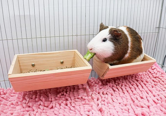 2 Pcs Guinea Pig Feeder Box, Wooden Small Animal Food Feeder, Hanging Rabbit Food Bowl, Small Animal Cage Accessories, Suitable for Rabbit Bunny Chinchilla Guinea Pig Hamster