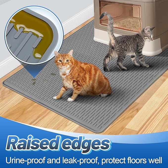 MEWTOGO Easy Clean Silicone Cat Mat for Litter Box - 39" x 26.6" Extra Large Waterproof Non-Slip Kitty Litter Trapping Mat for Protecting Floor, Less-Mess Food Water Mat for Indoor, Gray