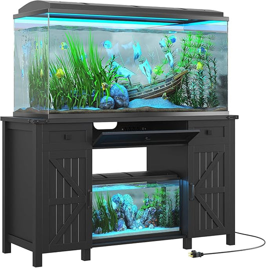 Farmhouse 55-75 Gallon Fish Tank Stand with Power Outlet, Aquarium Stand with 2 Drawers and Adjustable Shelves, Heavy Duty Reptile Tank Stand for 2 Fish Tank/Turtle Tank/Reptile Terrarium