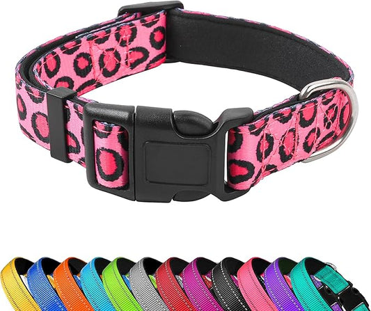 Reflective Dog Collar, Adjustable Soft Neoprene Padded Nylon Pet Collars with Buckle for Puppy and Small Dogs, Cats, Leopard Pink,S
