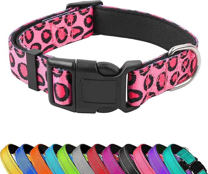 Reflective Dog Collar, Adjustable Soft Neoprene Padded Nylon Pet Collars with Buckle for Puppy and Small Dogs, Cats, Leopard Pink,M