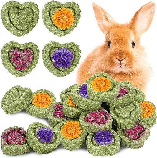 20PCS Bunny Chew Toys, Rabbit Toys for Bunny's Teeth, Chinchilla, Hamster, Guinea Pig & Pig, Organic Timothy Hay Cakes for Teeth Grinding & Dental Health