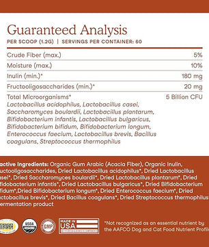 Fera Pets Probiotics for Dogs & Cats with Prebiotics - USDA Organic - Gut Health Powder Supplement with 12 Strains and 5 Billion CFUs - Supports Immunity, Energy and Skin & Coat - 60 Scoops