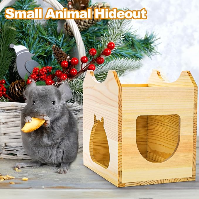 Yesland Wood Chinchilla House, Natural Small Animal Hideout Hut for Chinchilla, Squirrel, Sugar Gliders in Cage -Ventilated Wooden Hamster Habitat with Multiple Doors - 8.5 X 6 X 8 Inches