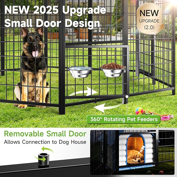 Outdoor Dog Kennel with Roof, Weatherproof Large Dog Kennel Outside with Swivel Feeders & Removable Doggy Door, Heavy Duty Hexagon Dog Run Pet Gazebo for Large Dogs (7.4'Lx7.4'Wx6.4'H)