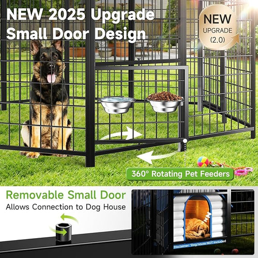 Outdoor Dog Kennel with Roof, Weatherproof Large Dog Kennel Outside with Swivel Feeders & Removable Doggy Door, Heavy Duty Hexagon Dog Run Pet Gazebo for Large Dogs (7.4'Lx7.4'Wx6.4'H)