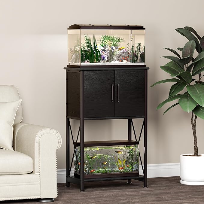 5-10 Gallon Fish Tank Stand, Metal Double Aquarium Stand with Cabinet for Fish Tank Accessories Storage, Heavy Duty 20.5" L* 11.02" W Tabletop, 500LBS Capacity Black PG06YGB