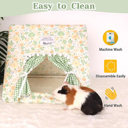 Guinea Pig Hideout Large with Curtain, Bunny Hideout, Machine Washable Guinea Pig Hide Tent Houses & Habitats, Small Animal Hideout for Pet Rabbit, Ferret, Rat, Chinchilla, Squirrel (Flower, Large)