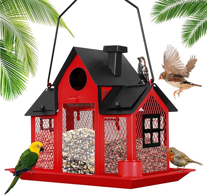 Solar Bird Feeders House for Outside Hanging, Metal Wild Bird Feeder for Outdoors Large Capacity Cardinal Birdfeeder Birdhouses Metal Bird Feeding Station Red
