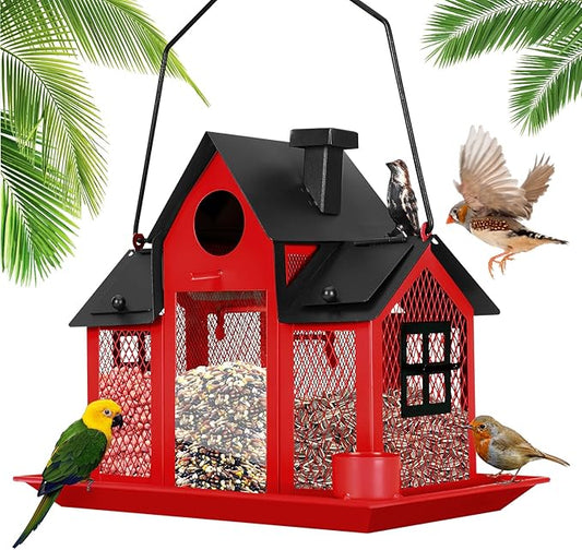 Solar Bird Feeders House for Outside Hanging, Metal Wild Bird Feeder for Outdoors Large Capacity Cardinal Birdfeeder Birdhouses Metal Bird Feeding Station Red