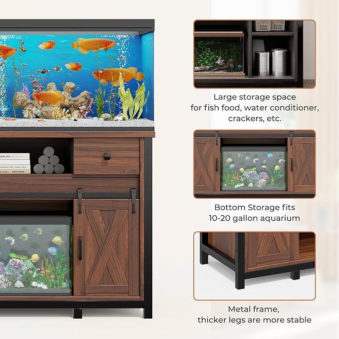 Miereirl 55-75 Gallon Fish Tank Stand with Power Outlet – Heavy Duty Aquarium Stand, 800 lb Capacity, Farmhouse Style, Adjustable Storage & Sliding Barn Doors, Light Brown