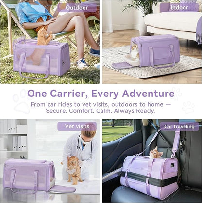 PETSFIT Soft-Sided Cat Carriers & Car Seats with Patent Safe Buckles, Clip-On Harness，19"x12"x12" Pet Travel Carrier - 20 lbs Capacity (Purple)