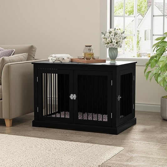 Furniture Style Dog Crate with Cushion, Dog Kennel Medium, Pet Crates, Dog Cage for Small and Medium Dogs, Decorative Dog Kennel with Flip-top Plate, Chew-Proof Metal Bars, Black