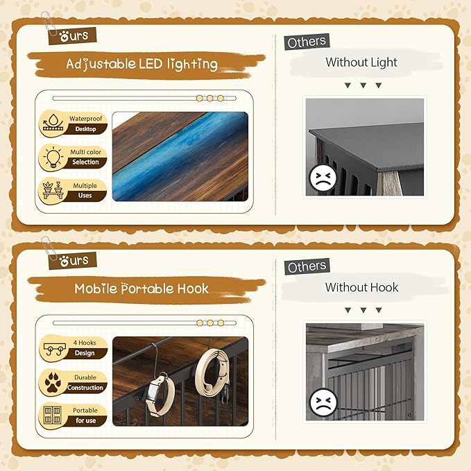 WARCAT Large Furniture Dog Crate, Heavy Duty Dog Crate, Dog Kennel Indoor, Wood Dog Cage Table with Adjustable Lighting Color, Sturdy Metal, 44" L×26" W×37" H, Brown