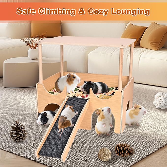 Large Wooden Guinea Pig Hideout, 2-Story Guinea Pig Castle with Non-Slip Stairs and Double-Sided Mat, Multi-Cave Design Small Animal House for Dwarf Hamsters, Sugar Gliders, Bunnny Habitat