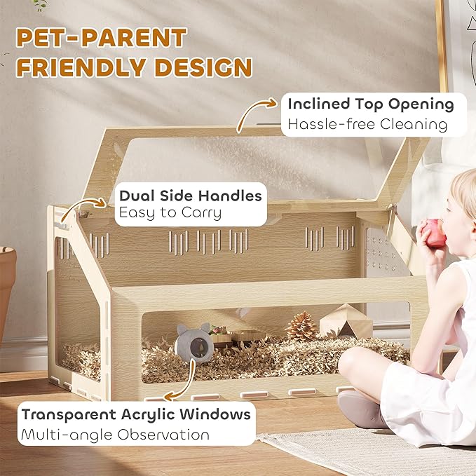 PawHut Hamster Cage with Acrylic Window & Openable Top, 39 inch Rat Cage with Air Vents for Dwarf Hamster, Guinea Pig, Rat, Gerbil, Oak