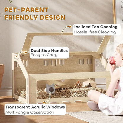PawHut Hamster Cage with Acrylic Window & Openable Top, 39 inch Rat Cage with Air Vents for Dwarf Hamster, Guinea Pig, Rat, Gerbil, Oak