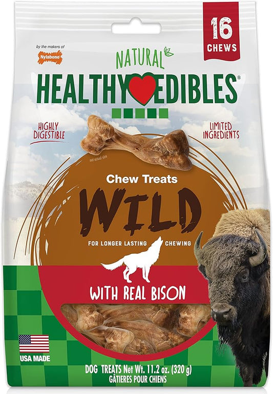 Nylabone Healthy Edibles WILD Natural Dog Chew Treats for Small Dogs, Long Lasting Dog Chew Bones Made in USA, Bison Flavor, For Dogs Up to 25 lbs. (16 Count)