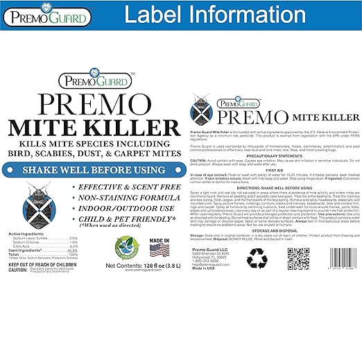 Premo Guard Natural Mite Spray – Large 128 oz Bottle – Plant Based Treatment For Dust, Spider, Carpet, Bird, Rat & Other Mites – Safe For Families, Pet, Home, Bedding & Furniture When Used As Directed