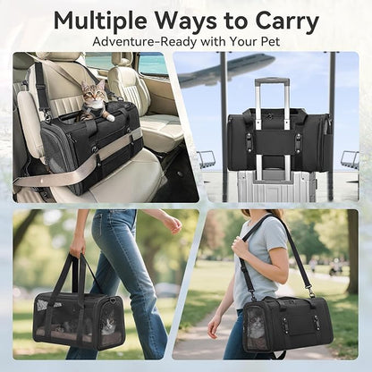 Petsfit Large Cat Carrier for 2 Cats, Lightweight Collapsible Double Cat Carrier for Travel, 4-Sided Breathable Mesh, with Adjustable Shoulder Strap, Locking Zipper and Washable Fleece Pad Black